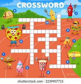 Cartoon fast food sportsman characters on running track. Crossword quiz grid. Word search, crossword grid game vector worksheet with tacos, pizza and burger, popcorn, cake personages doing fitness