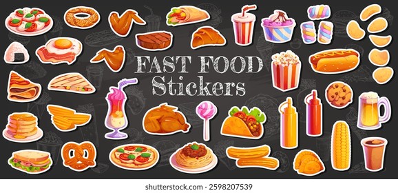 Cartoon fast food stickers pack with burger, pizza and hot dog, fries, milkshake and tacos, popcorn. Chicken, sandwich and pretzel, pancakes, ice cream with coffee, soda, spaghetti and desserts