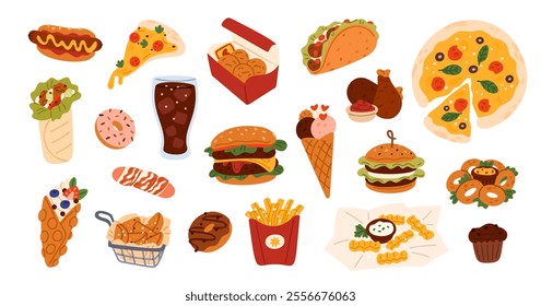 Cartoon fast food. Street meal. Junk snacks. Unhealthy products. Pizza and burger. Ice cream. Cola and French fries potato. Fat and cholesterol. Obesity and diabetes