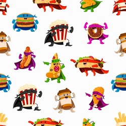 Cartoon Fast Food Superhero Characters Pattern. Vector Seamless Background With Burger, Pop Corn, Taco, Coffee Cup And Donut. Chicken Leg, Pizza And Nachos Fastfood Personages In Super Hero Costumes