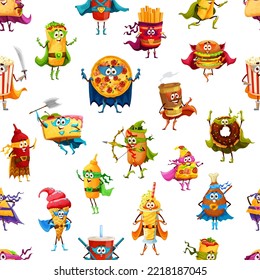 Cartoon fast food superhero and defender personages seamless pattern. Fastfood mascots fabric print, takeaway meals vector wallpaper with pizza, hotdog, cake and coffee, hamburger, burrito characters