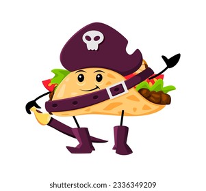 Cartoon fast food taco pirate and corsair character. Mexican street food meal corsair childish personage, takeaway cafe taco filibuster isolated vector happy smiling mascot in tricorne hat with skull