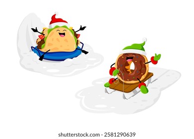 Cartoon fast food tacos and donut Christmas characters riding on a snow. Street cafe meals Christmas celebration funny personages, takeaway snack or mexican fast food cute characters on winter holiday