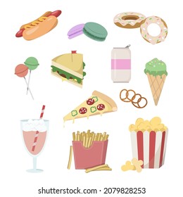 Cartoon fast food tasty meal: hot dog, donuts, sandwich, soda, ice cream. Restaurant menu snack vector illustration isolated on white background.