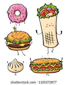 Cartoon fast food unhealthy burger, hamburger, kebab, hotdog, donut, khinkali restaurant menu snack illustration