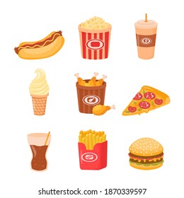 Cartoon fast food unhealthy burger sandwich, hamburger, pizza food restaurant menu snacks. Fast street food lunch or breakfast meal set isolated on white background. Vector illustration, eps 10.