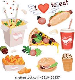 Cartoon fast food unhealthy burger sandwich, hamburger, hot dog, wok, ice cream, pizza meal restaurant menu snack vector illustration. I love to eat logo.