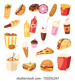 Cartoon Fast Food Unhealthy Burger Sandwich, Hamburger, Pizza Meal Restaurant Menu Snack Vector Illustration.