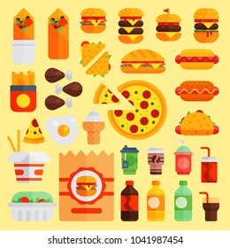 Cartoon fast food vector cuisine burger and pizza, drinks icons isolated on background restaurant tasty american cheeseburger meat and unhealthy fast-food burger meal illustration