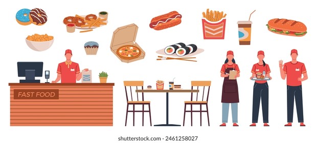 Cartoon fast food workers. Bistro waiters in uniform, cafe elements, furniture, products and packaging in flat style, pizza burger and donuts, sandwich and asian meal, nowaday vector set