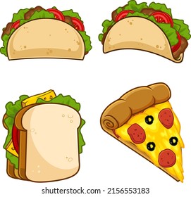 Cartoon Fast Foods. Vector Hand Drawn Collection Set Isolated On White Background