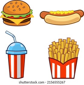 Cartoon Fast Foods. Vector Hand Drawn Collection Set Isolated On White Background