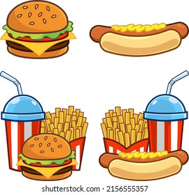 Cartoon Fast Foods. Vector Hand Drawn Collection Set Isolated On White Background