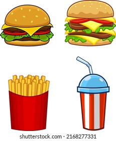 Cartoon Fast Foods. Vector Hand Drawn Collection Set Isolated On White Background