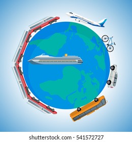 Cartoon fast kinds of transportation vehicles around Earth planet. Vector illustration of colourful train, passenger plane, bike, speed car, public bus and voyage ship on globe symbol of world.