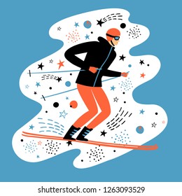 Cartoon fast skier on decorative background. Winter sport illustration for your design.