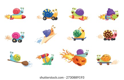 Caracóis rápidos dos desenhos animados. Passeio rápido de lesmas no skate, caracol lento no turbo foguete veloz piloto animal engraçado com shell garden ou sea slugs corrida, set kicky ilustração vetorial
