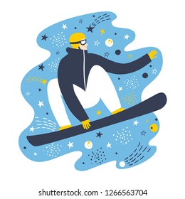 Cartoon fast snowboarder on decorative background. Winter sport illustration for your design.