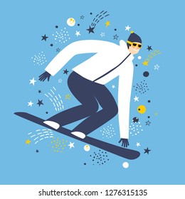 Cartoon fast snowboarder on decorative background. Winter sport illustration for your design.