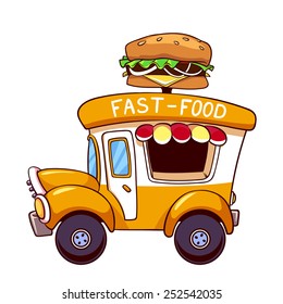 Cartoon fast-food car with a big hamburger on a white background