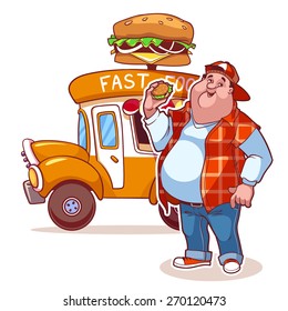 Cartoon fast-food car with the fat man. Happy man with hamburger. Vector clip-art illustration on a white background.