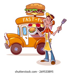 Cartoon fast-food car with the seller of hamburgers. Happy young man with hamburger. Vector clip-art illustration on a white background.