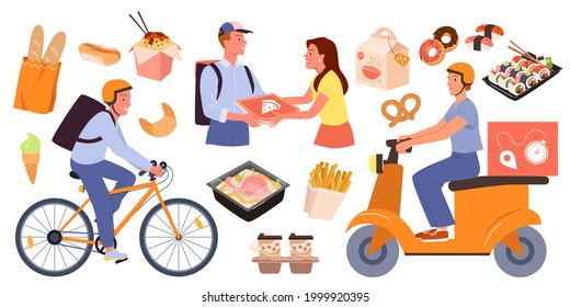 Cartoon fastfood delivery collection with online order from mobile app on phone, courier delivering pizza noodles home hot dog isolated on white. Fast food delivery service set vector illustration.