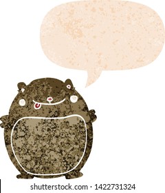 cartoon fat bear with speech bubble in grunge distressed retro textured style