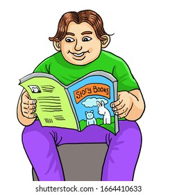 Cartoon Fat Boy Reading Story Book