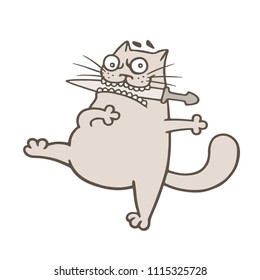 Cartoon fat cat dancing with a knife. Funny pet character. Vector illustration