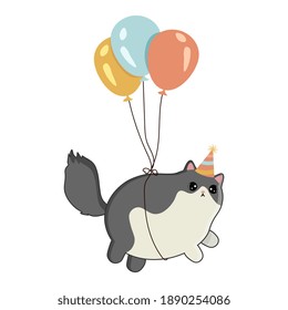 Cartoon fat cat tied to a balloons. Happy Birthday greeting card.