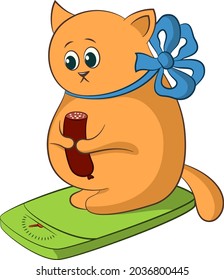 Cartoon Fat Cat Weigh Yourself On The Scale And Eat Sausage. Vector