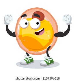 cartoon fat cell mascot shows its strength on a white background