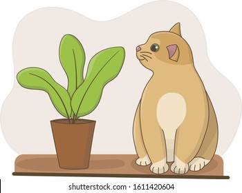 Cartoon fat cute cat sitting on a table or windowsill next to a pot with a home plant. Warm home environment.