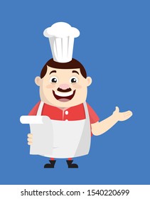 Cartoon Fat Funny Cook - Holding a Paper and Announcing