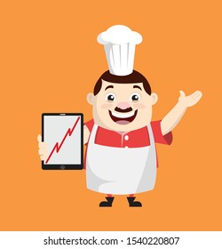Cartoon Fat Funny Cook - Presenting Profit Growing Graph on Tablet