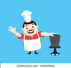 Cartoon Fat Funny Cook - Standing with Chair and Gesturing with Hand