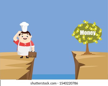 Cartoon Fat Funny Cook - Thinking How to Reach Close to Money Plant