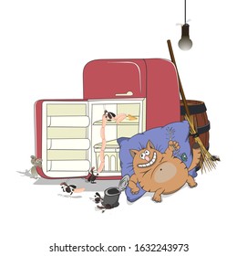 Cartoon fat lazy cat lies on a pillow near the refrigerator in the kitchen and eats fish. vector illustration isolated on white background.