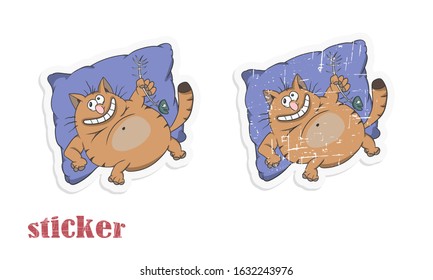 Cartoon fat lazy cat lies on a pillow and eats fish. Vector illustration in the form of a sticker in modern and retro styles.