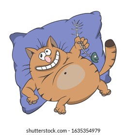 Cartoon fat lazy cat lies on a pillow and eats fish. vector illustration on a white background.