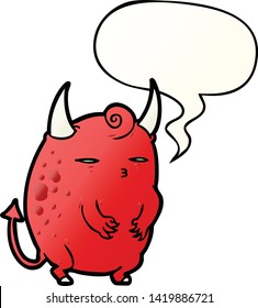 cartoon fat little halloween devil with speech bubble in smooth gradient style