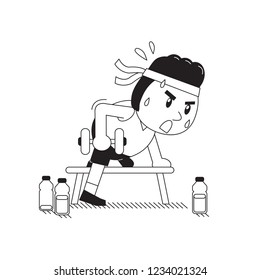 Cartoon fat man doing dumbbell row exercise for design.