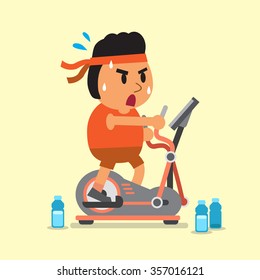 Cartoon fat man exercising on elliptical machine