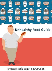 Cartoon fat man. Unhealthy food guide.  People characters. Vector illustration