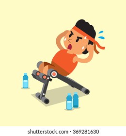 Cartoon fat man using sit up bench
