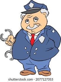 Cartoon Fat Old Man Police Officer Character Mascot with Handcuffs Vector