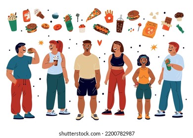 Cartoon fat people. Positive characters with fast food. Male and female eating unhealthy meal. Large plus size bodies. Chubby persons. Sweet drinks and hamburgers. Garish