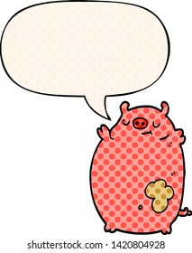 cartoon fat pig with speech bubble in comic book style