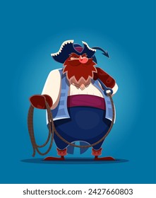 Cartoon fat pirate, corsair sailor character with grappling hook and rope. Piracy vector personage of funny red bearded pirate or buccaneer with big belly in sea robber costume and tricorn hat svg